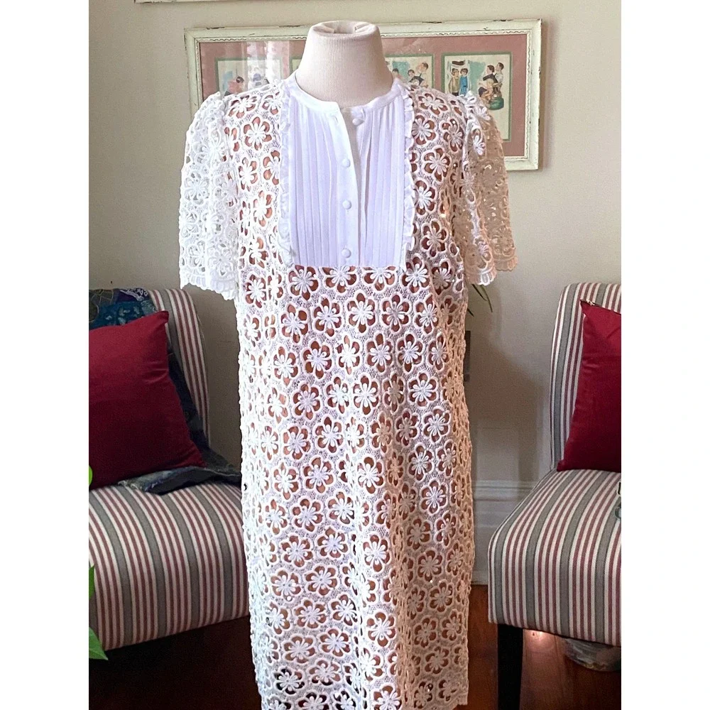 NWT MICHAEL KORS white Floral Lace Sequin Tuxedo Bib Midi Dress Short Sleeve L‎